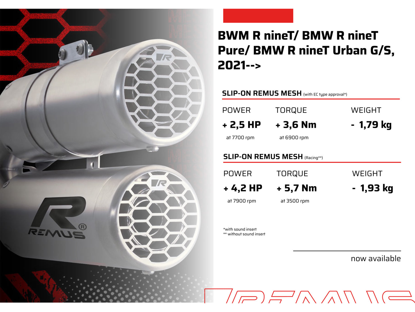 Remus Double Mesh stainless steel brushed racing slip-on for BMW R NINE-T 2021-2023