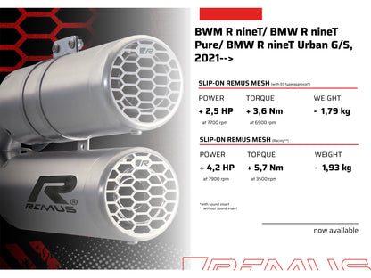 Remus Double Mesh stainless steel brushed racing slip-on for BMW R NINE-T 2021-2023