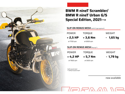 Remus Double Mesh stainless steel brushed homologated slip-on for BMW R NINE-T 2021-2023
