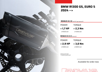 Remus 8 2.0 stainless steel black racing slip-on for BMW R 1300 GS 2023-2025