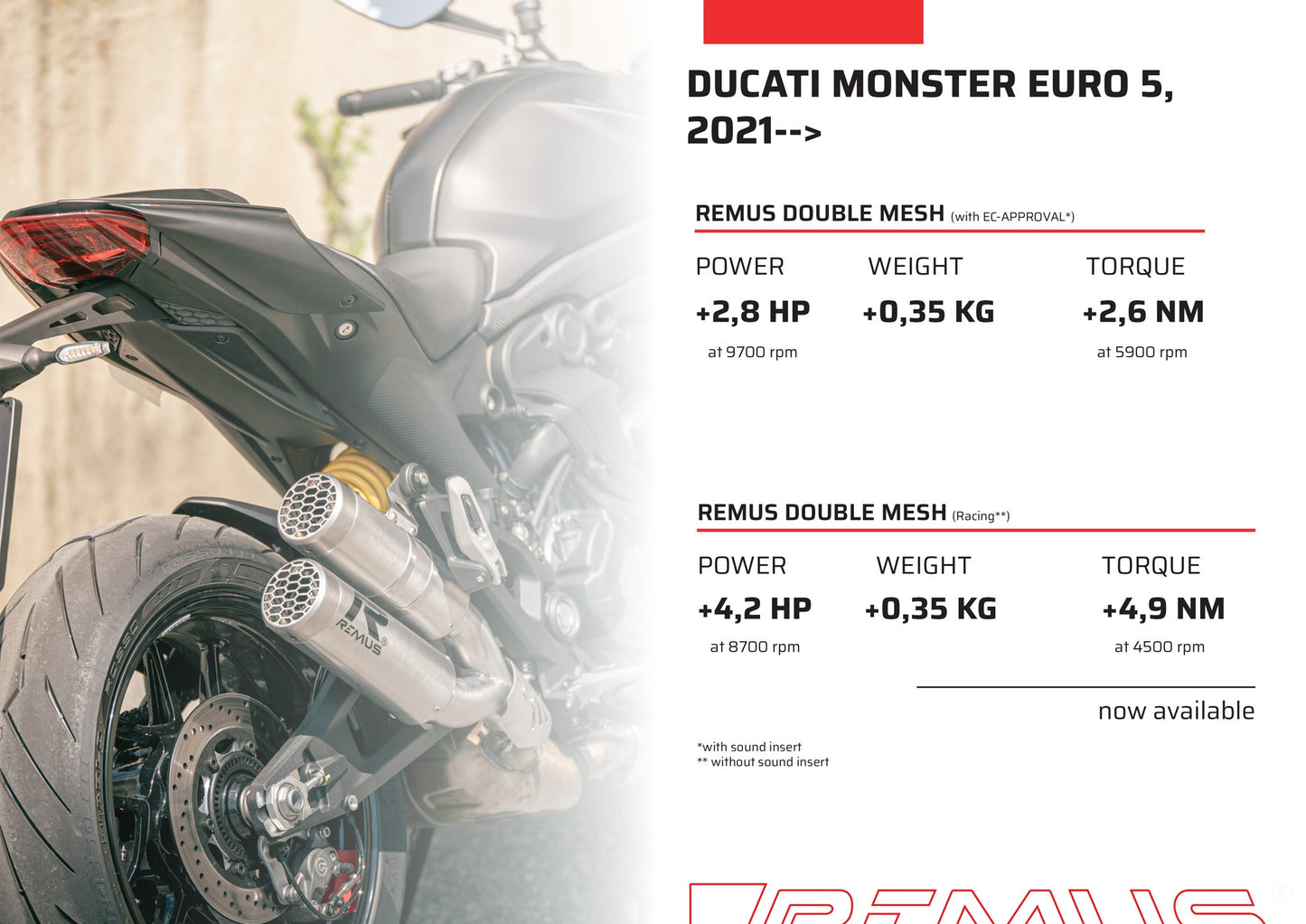 Remus Double Mesh stainless steel brushed racing slip-on for Ducati Monster 937 2021-2023